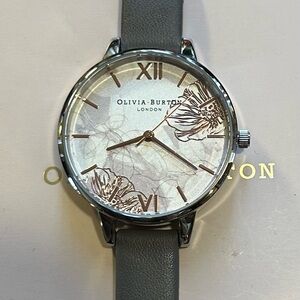 OLIVIA BURTON ABSTRACT FLORALS WATCH WITH 34mm SILVER FACE & GREY LEATHER BAND